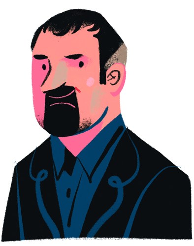 Illustrated portrait of a man with black hair and beard wearing a blue shirt against a pink background.