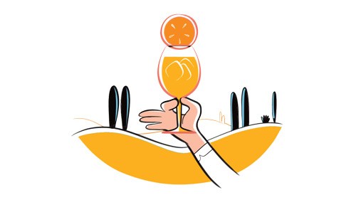 Illustration of a hand holding an Aperol spritz glass with orange slice above a hammock.