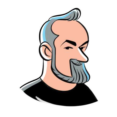 Illustrated portrait of a man with gray hair and beard wearing headphones.