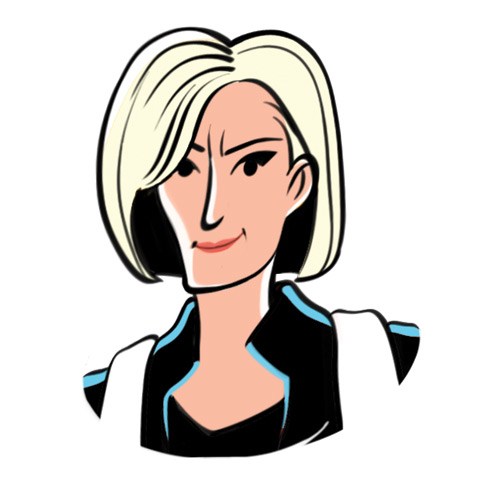 Illustrated portrait of a woman with blonde bob hair wearing a black and blue jacket