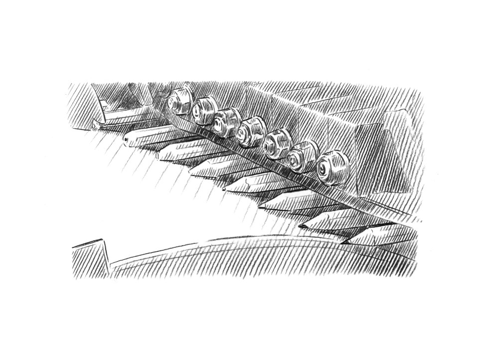Illustration of pencils being sharpened by a fast-rotating metal wheel in the final production step.