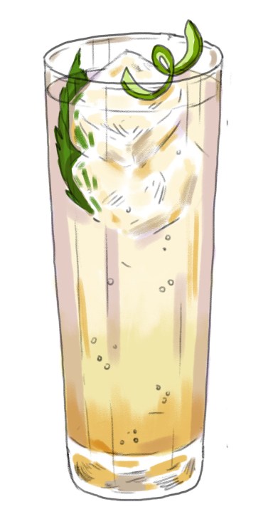 Illustration of a Portuguese gin and tonic cocktail with bay leaf garnish in a highball glass.