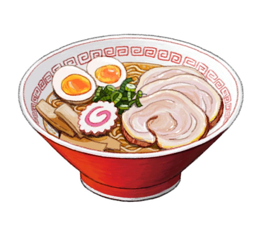 A bowl of ramen with soft-boiled eggs, sliced pork, green onions and bamboo shoots in broth