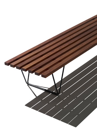 Walnut slatted bench by Robin Day from Twentytwentyone, shown with dark platform base.