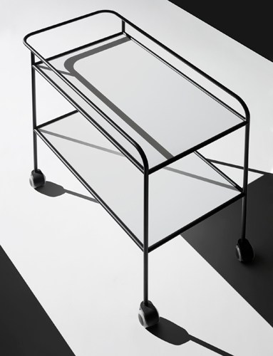Steel pipe drinks trolley with two shelves and casters, designed by Shiro Kuramata for Cappellini.