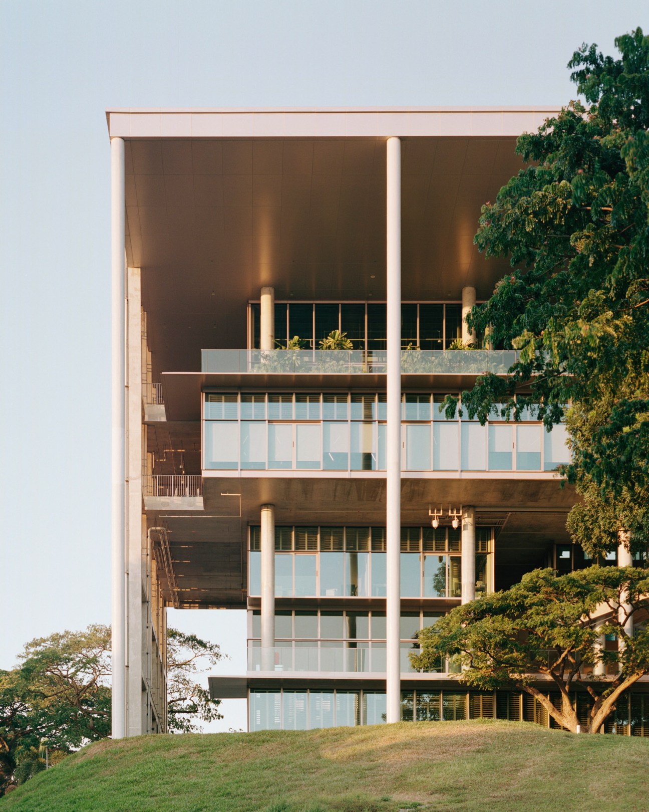 Modern multi-story office building with concrete and glass facade, large cylindrical columns, and surrounding greenery.
