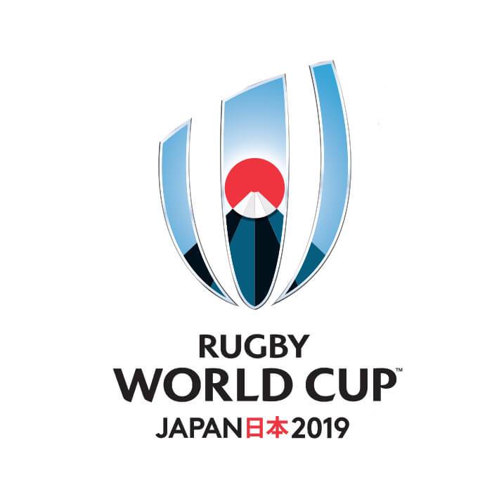 Rugby World Cup Japan 2019 official logo with Mount Fuji and blue oval design.