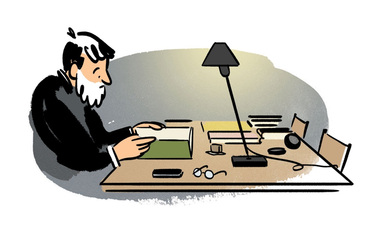 Illustration of a bearded man at a desk examining a document under a desk lamp.