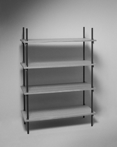 Moebe modular shelving system with wooden shelves and steel legs in minimalist design.