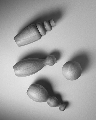Wooden skittles set and planter box from Another Country's Ori collection, photographed in black and white.