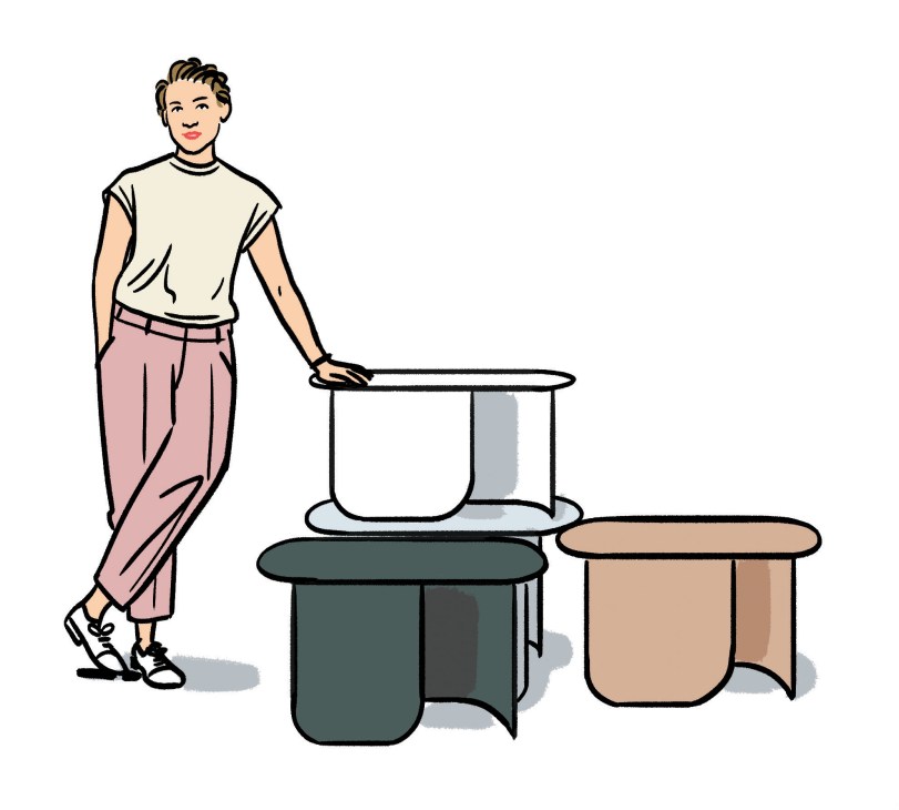 Illustration of a person standing beside sculptural furniture pieces in various colors including green, tan and white.