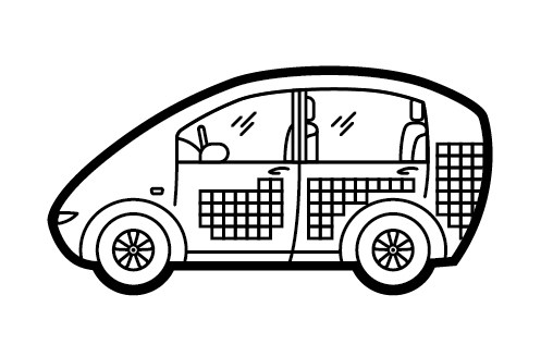 Line drawing of the Sono Motors Sion electric car with solar panels covering its body.