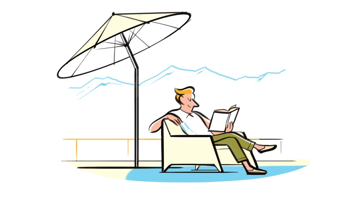 Illustration of a man sitting under a Glatz parasol reading a book by the seaside.