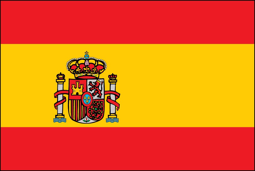Spanish flag with red and yellow horizontal stripes and central coat of arms.