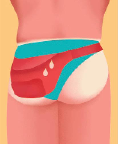 Illustration of a man wearing red and turquoise colorblock speedos from behind.