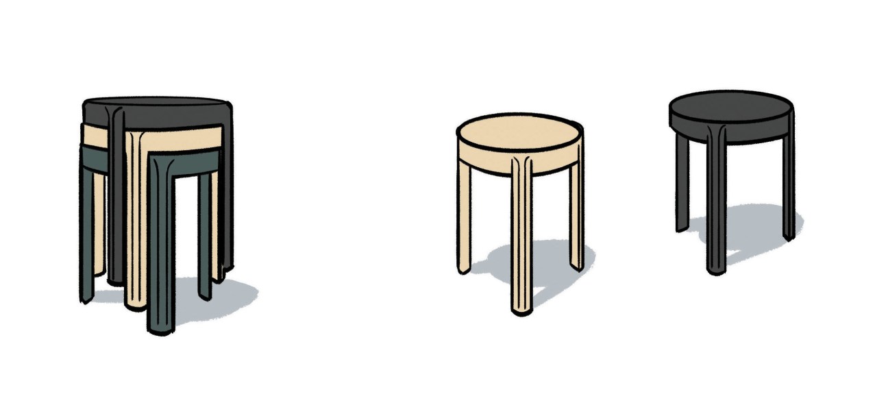 Three stackable round stools with natural ash tops and dark legs in nested arrangement.