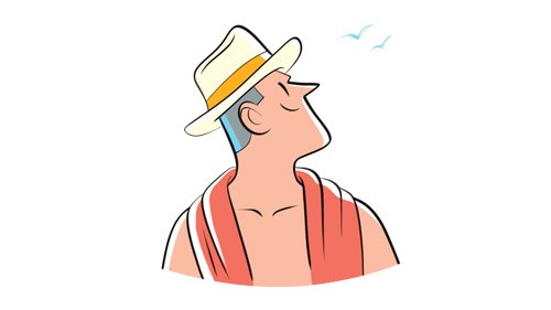 Illustration of a man wearing a straw hat with an orange band, looking upward.