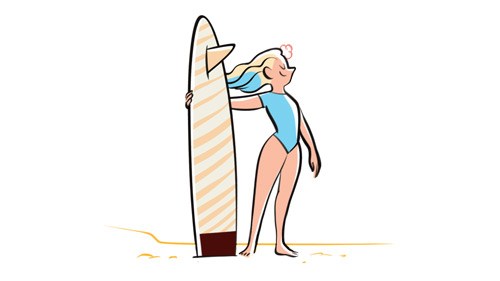 Illustration of a woman in a blue swimsuit holding a striped surfboard on a beach.
