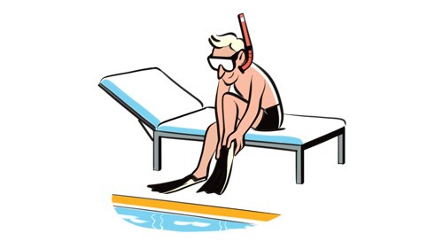 Illustration of a man in snorkeling gear sitting on a lounge chair with flippers.