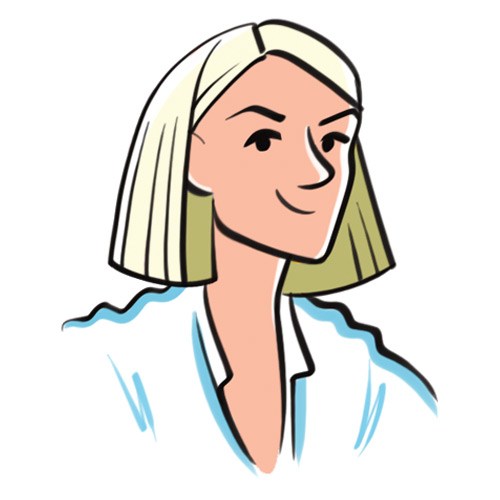 Illustration of Nick Wakeman, a woman with blonde shoulder-length hair wearing a light blue shirt.