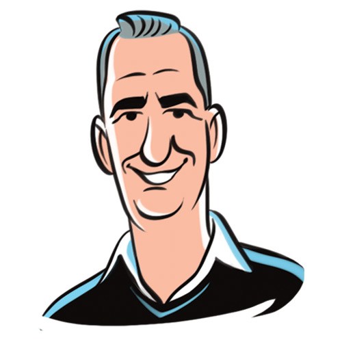 Illustrated portrait of Nick Wakeman, a smiling man with gray hair wearing a black and blue shirt.