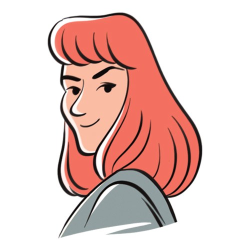 Illustrated portrait of a woman with long red hair and a grey shoulder, smiling.