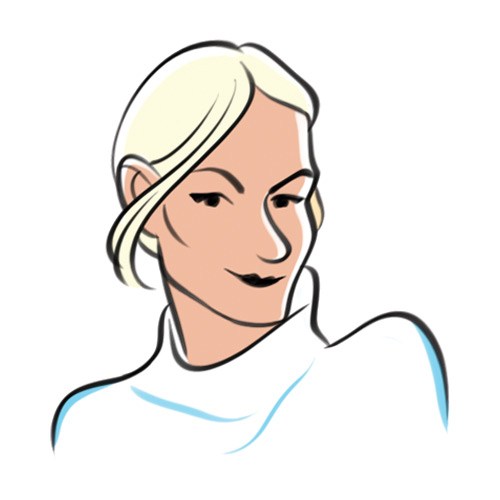 Illustration of a woman with blonde hair pulled back, wearing a light blue top