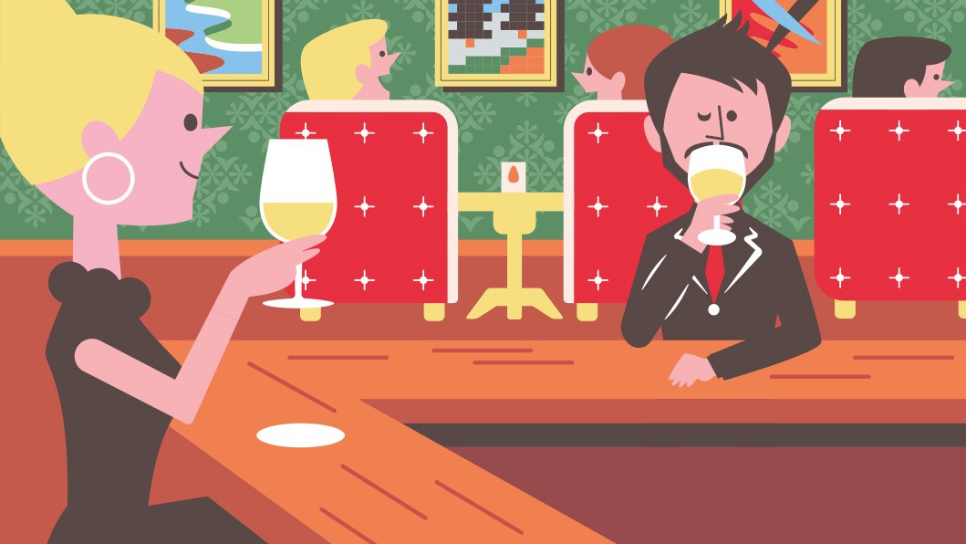 Illustration of a woman and man at a bar counter with drinks and red banquettes in background.
