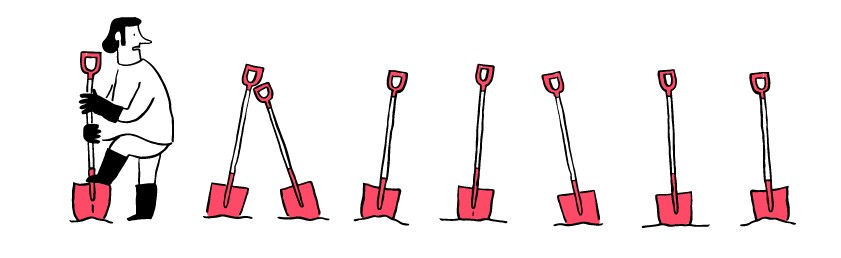 Illustration of a man with a shovel digging, followed by seven empty shovels in a row.