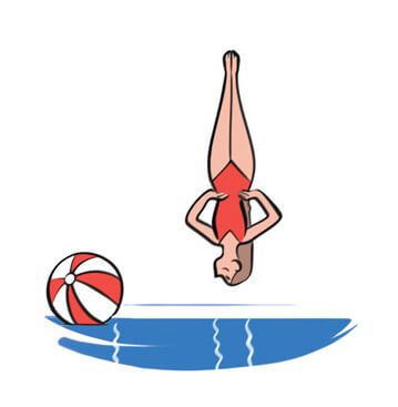 Illustration of a woman in a red swimsuit diving into water near a beach ball.