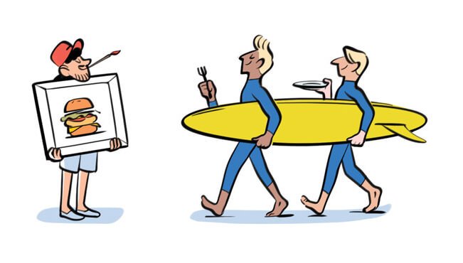 Illustration of a chef holding a menu board and two surfers carrying a surfboard.