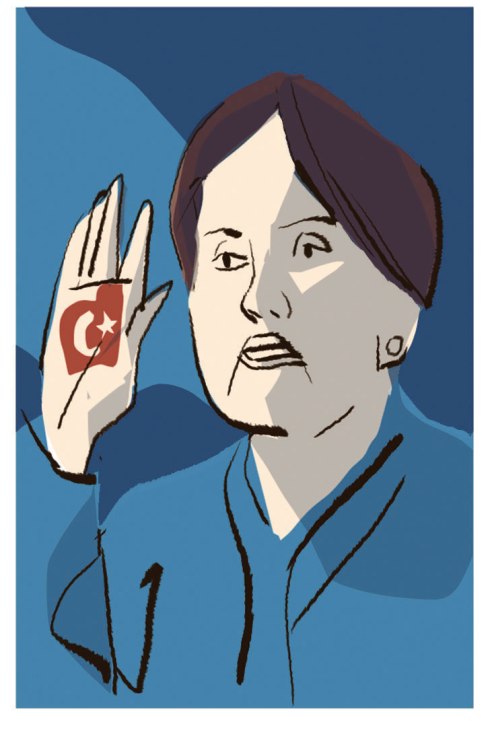 Illustration of Meral Aksener, leader of Turkey's Good party, with Turkish flag on her hand against a blue background.