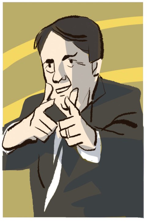 Illustration of Jair Bolsonaro, a man in a dark suit making a thumbs-up gesture against a yellow and olive striped background.