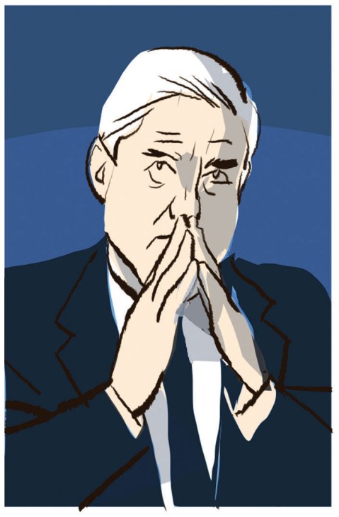 Illustration of Robert Mueller, a lawyer in a dark suit with his hand to his chin in a thoughtful pose against a blue background.