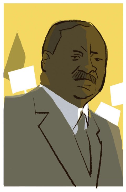 Illustrated portrait of Raila Odinga, Kenya's opposition leader, wearing a suit against a yellow background with white star shapes.