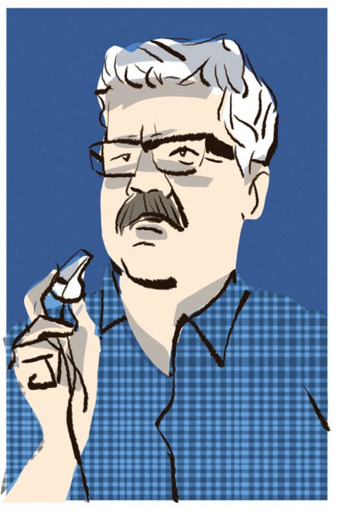 Illustrated portrait of a man with white hair, glasses and mustache wearing a blue checkered shirt against a blue background.