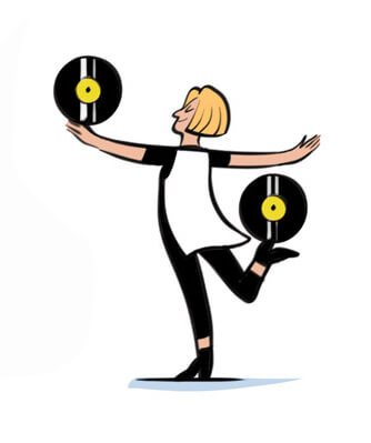 Illustration of a woman with blonde hair juggling vinyl records while balancing on one leg.