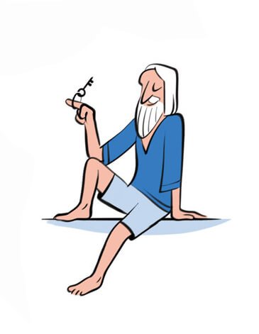 Illustration of a man with white beard and hair in blue shirt holding a fork.