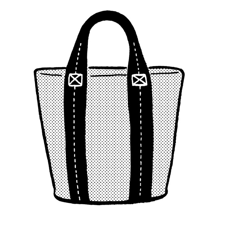 Illustration of an olive-colored tote bag made from salvaged US military tent material with black handles.