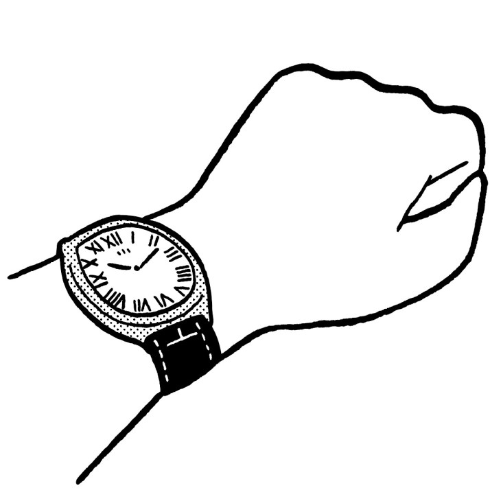 Illustrated wristwatch with Roman numerals on a cushion-shaped face with black leather strap worn on a wrist.