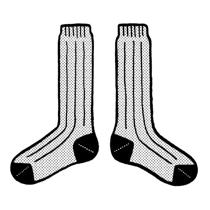Illustration of a pair of white socks with black heel and toe sections and dotted texture pattern.