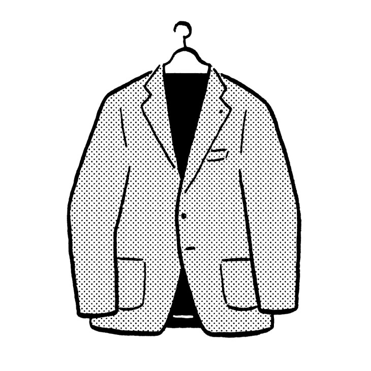 Illustration of a herringbone linen jacket with wide-notched lapels on a hanger.