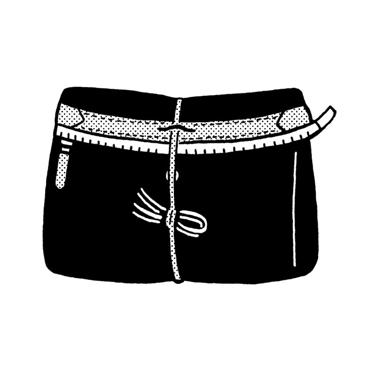 Black and white illustration of a dopp kit with patterned fabric trim and drawstring closure.