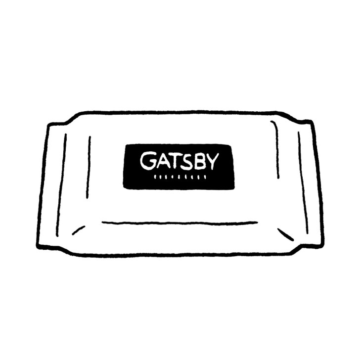 Illustration of Gatsby face wipes package with black and white line drawing style.