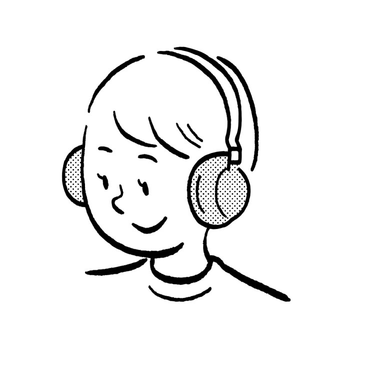 Illustration of a smiling person wearing over-ear headphones with a dotted pattern on the ear cups.