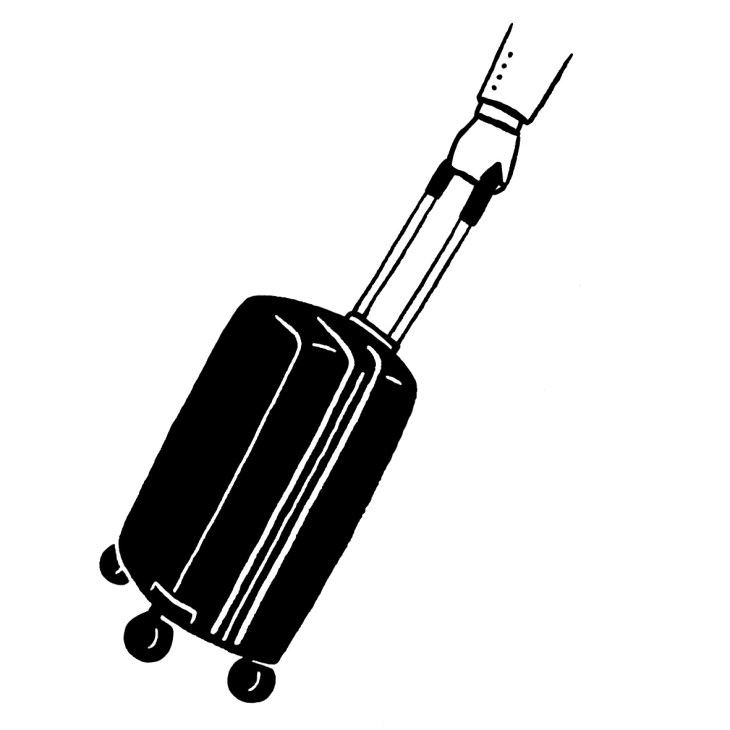 Black and white illustration of a rolling suitcase with extended handle.