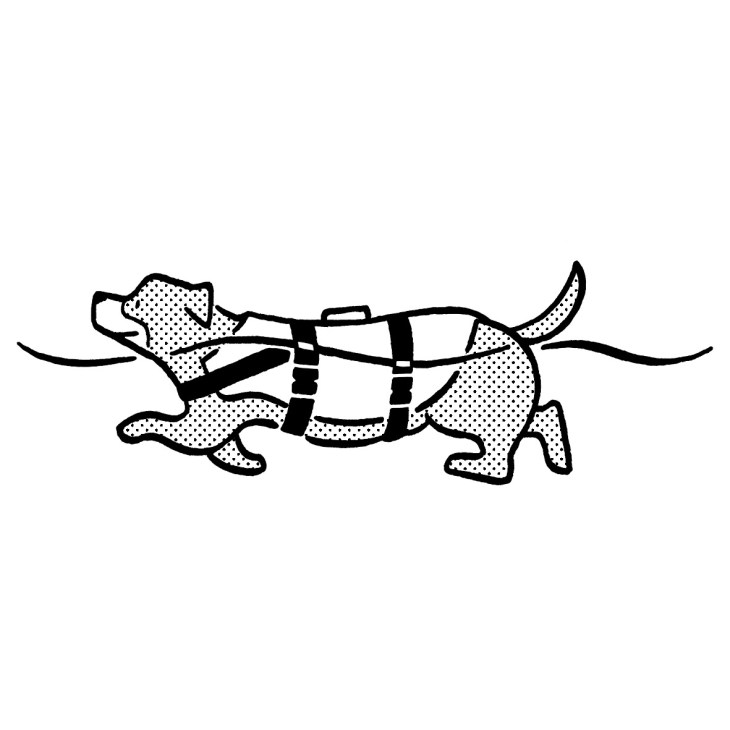 Black and white illustration of a dog wearing a life jacket or buoyancy aid