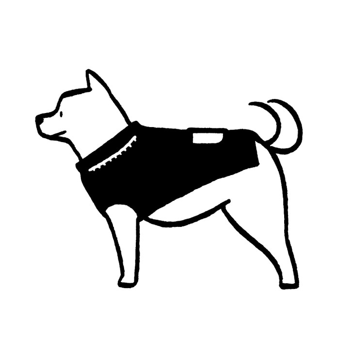 Simple black and white line drawing of a dog wearing a dark vest or jacket
