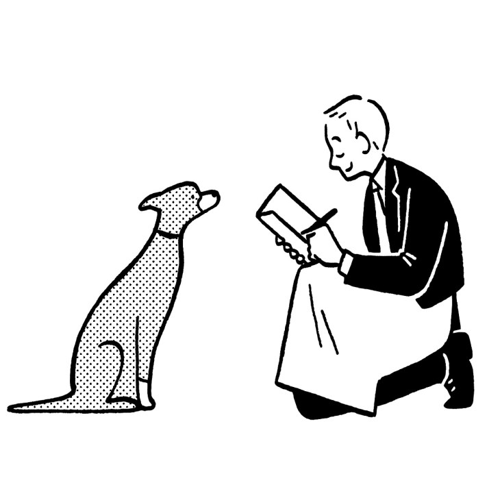 Black and white illustration of a man in suit reading to a sitting dog