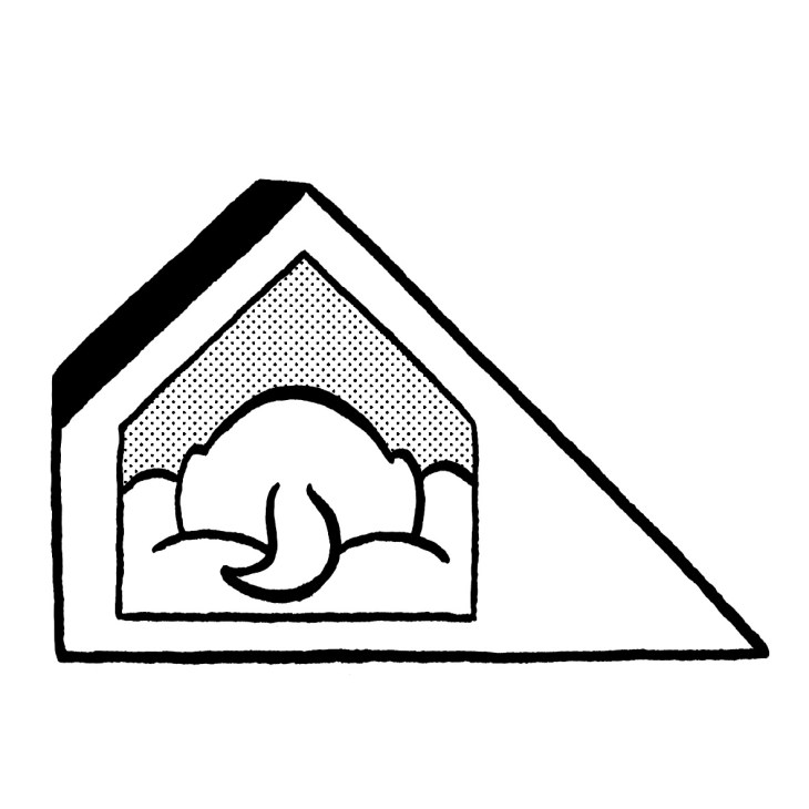 Black and white line drawing of a triangular dog house with a sleeping dog inside